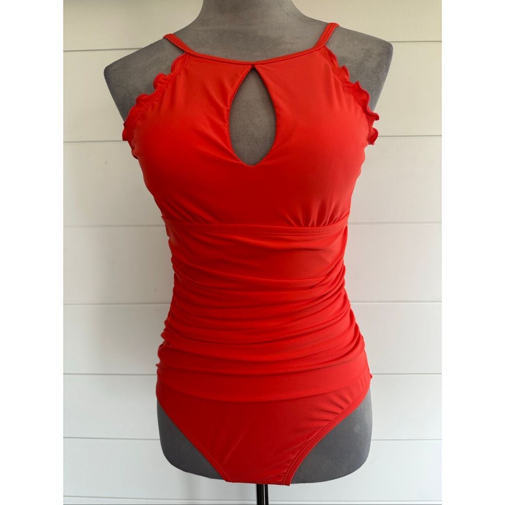 Ellen Tracy Vibrant Red Keyhole Ruffle One-Piece Swimsuit Sz 8 NWT